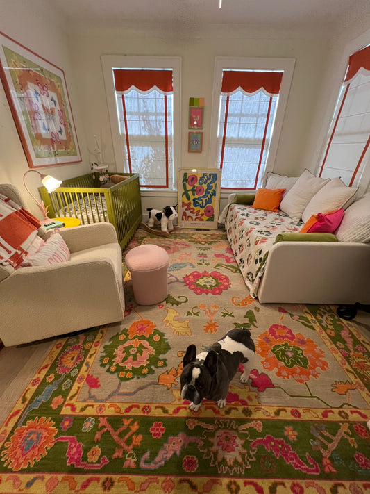rug, nursery, custom, orange, pink, green yellow rug